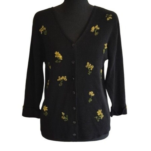 Clio Sweaters - Vintage CLIO Black Yellow Floral Ribbon Embroidered V-Neck Button Cardigan...